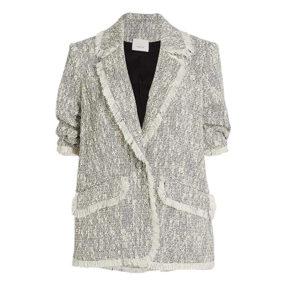 Cinq a Sept Erin Fringed Boucle Tweed Blazer Jacket Black Ivory Size 12 - Picture 3 of 12